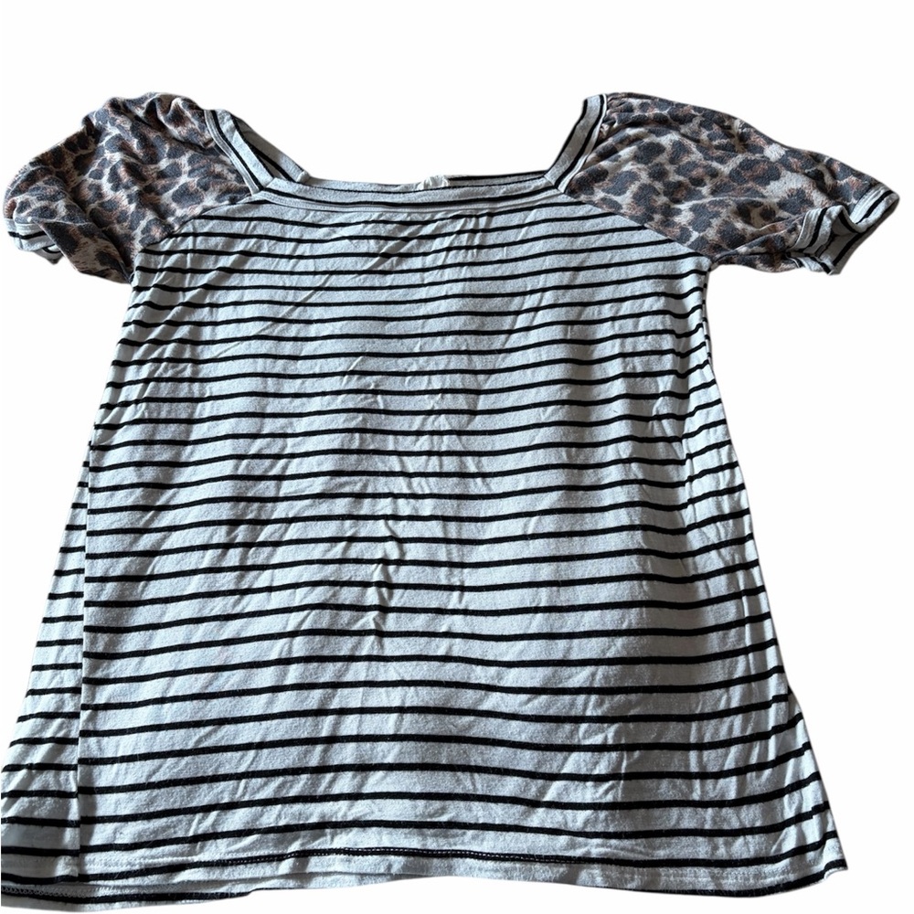 BiBi Striped and Leopard Print Short Sleeve Top
